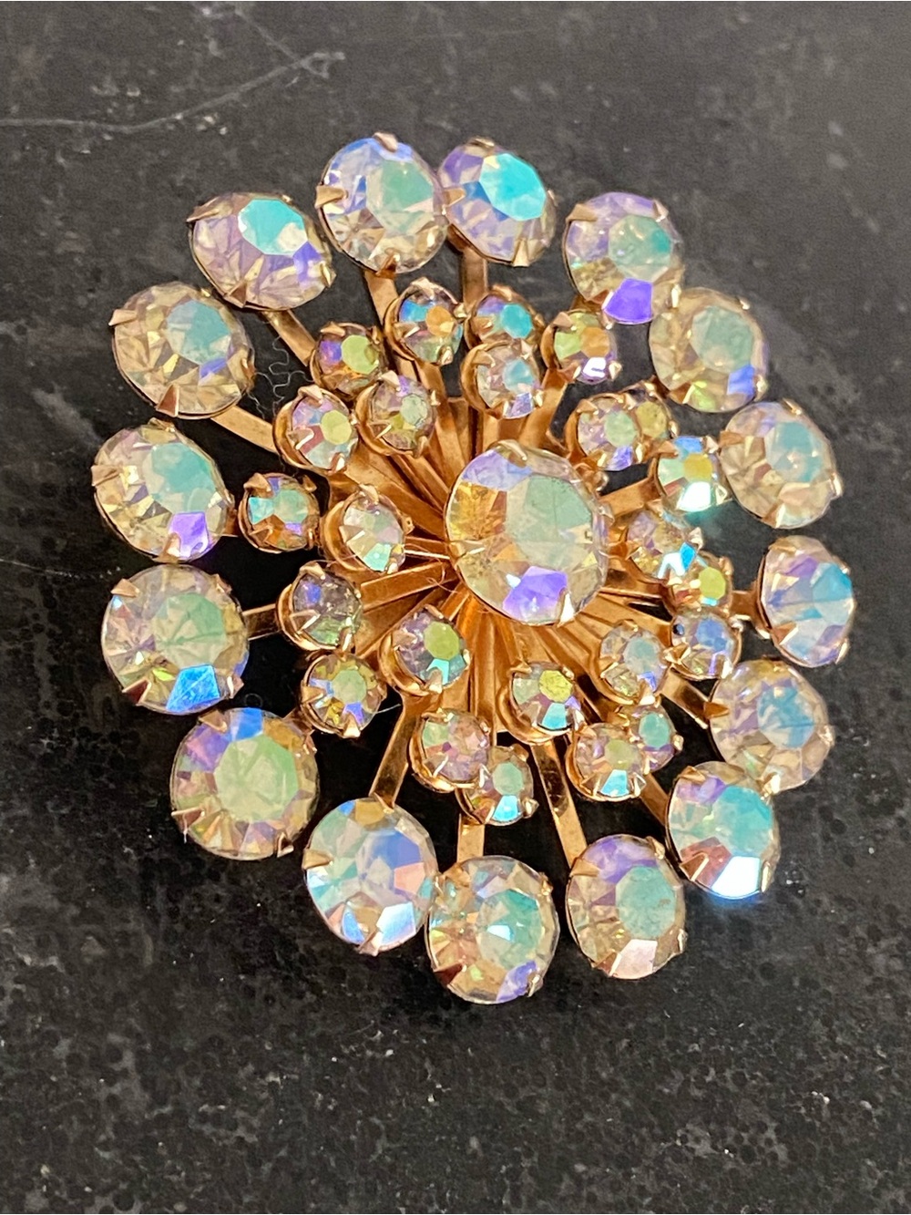RARE Triple-Tier Vintage Beau Jewels Starburst Brooch | Atomic AB Rhinestone 3D